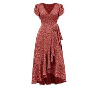 Robe décontractée pour femme avec col en V et manches bouffantes, grande robe chinoise imprimée pour femme, rouge, S