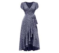 Robe décontractée pour femme avec col en V et manches bouffantes, grande robe chinoise imprimée pour femme, bleu foncé, XL