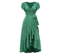 Robe décontractée pour femme avec col en V et manches bouffantes, grande robe chinoise imprimée pour femme, vert, XXL