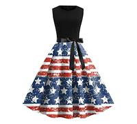 Robe décontractée pour femme - Sans manches - Imprimé drapeau américain - Style vintage - Rockabilly - Pour cocktail, bal de fin d'année, robe d'été, bleu marine, L