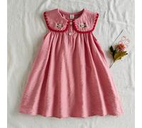 Robe décontractée pour jeune fille avec col Peter Pan et broderie florale sans manches 6Y,7Y,4Y,5YFloral,PlantesÉtoffe