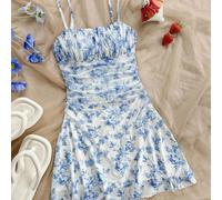 Robe décontractée pour préadolescentes bleue et blanche à fleurs en maille, col ras-du-cou, pour vacances/jours fériés, vintage/plage/mer/élégante, mignonne 7Y,8Y,9Y,10Y,11Y,12Y,13YFloral,PlantesTissu