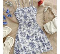 Robe décontractée pour préadolescentes bleue et blanche à fleurs en maille, pour vacances/jours fériés, vintage/plage/mer/élégante, mignonne 8Y,9Y,10Y,11Y,12YPlantesTissu en tulle