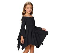 Robe décontractée Style île pour Filles, épaules dénudées, à Volants et Bretelles à Nouer, idéale pour la Plage (4-10 Ans). (Black, 8-9 Years)