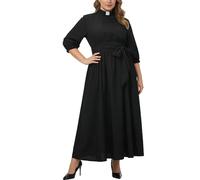 Robe d'église pour Femme élégante Audrey Hepburn Style à Manches 3/4 Swing Maxi Longue Robe avec Ceinture et col Romain, Noir, 5XL