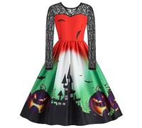 Robe Dentelle Femme Longue Deguisement Halloween Adulte, Robe Vintage Rockabilly Col Rond SoiréE Tendance ImpriméEs Citrouille Cocktail Dames SoiréE Bal FêTe Carnaval