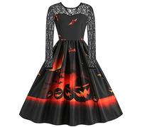 Robe Dentelle Femme Longue Deguisement Halloween Adulte, Robe Vintage Rockabilly Col Rond SoiréE Tendance ImpriméEs Citrouille Cocktail Dames SoiréE Bal FêTe Carnaval