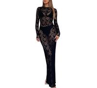 Robe Dentelle Femme Manches Longues, Robe Longue Femme Transparent Sexy Maille Fleur Respirante Chic Et Élégants Couleur Unie Vintage Coupe Slim Confortable De Soirée Clubbing Party Dress
