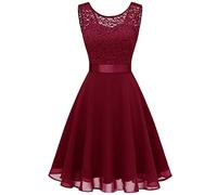 Robe Dentelle Femme sans Manches, Robe De Bal Femme Col Rond Aille Haute Swing Élégant Et Charmant Mode Couleur Unie Classiques Comfortable Fluide Slim Tous Les Jours Simple Mi-Longue Dress