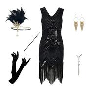 Robe des années 20 pour femme - Costume de Gatsby le Grand Gatsby - Paillettes, perles, franges, style garçonne - Avec accessoires, col en V - Sans manches - Robe de fête Charleston pour carnaval