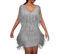 Robe des années 20 pour femme Gatsby années 1920 - Robe à franges - Vert doré - Robe courte à franges - Costume Charleston - Robe à paillettes - Col en V - Carnaval, gris, M