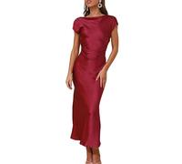Robe d'été 2023 en Satin à Manches Courtes et Dos bénitier pour Femme, Robe midi élégante à Taille froncée pour invitées de Mariage, Bordeaux, Taille XS