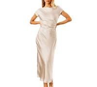 Robe d'été 2023 en Satin à Manches Courtes et Dos bénitier pour Femme, Robe midi élégante froncée pour invités de Mariage, Champagne, Taille L