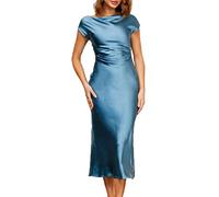 Robe d'été 2023 en Satin à Manches Courtes et Dos bénitier pour Femme, Robe midi élégante froncée pour invités de Mariage, Aqua, Taille XS