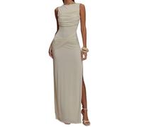 Robe d'été 2025 à col rond et dos nu, robe moulante plissée sans manches à la mode(Beige,M)