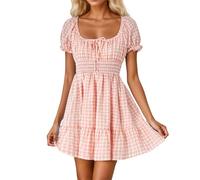 Robe d'été 2025 pour femme avec manches bouffantes - Motif à carreaux - Design bohème - Col carré - Bordure à volants - Ligne A - Mini robe swing - Manches courtes, rouge, M