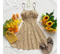 Robe d'été à bretelles dos nu avec imprimé floral éparse et nœud papillon pour vacances d'été L,M,S,XSPlantesTissu tissé