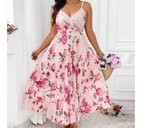 Robe d'été à bretelles plissée avec imprimé floral style bohème pour grandes tailles, tenue pour femme 0XL,1XL,2XL,3XL,4XLBlocs de couleur,Floral,Plantes,Tout ImpriméTissu tissé