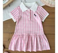 Robe d'été à col polo pour bébé fille, le motif à carreaux roses et blancs crée une robe de princesse douce et élégante. Le design à manches courtes est rafraîchissant, l'ourlet de la jupe s'évase nat