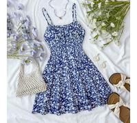 Robe d'été à fines bretelles sans dos avec imprimé floral bleu et blanc pour filles, convient pour la Saint-Valentin, les vacances, les jours fériés, la plage et les occasions. Robe bleue et blanche à