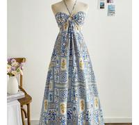 Robe d'été à fleurs tropicales, col ras-du-cou, dos nu, nœud à la taille, évassée, imprimé oiseaux et feuilles d'ananas, style patchwork sud-américain L,M,S,XL,XS,XXL,XXS,XXXL,XXXXLTout ImpriméTissu t