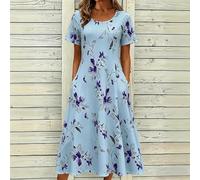 Robe d'été à imprimé floral pour femme, style décontracté, avec poches, col rond, manches courtes