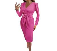 Robe d'été à manches courtes et col en V profond pour femme - Robe moulante - Pliée à manches longues - Dentelle - Coupe ajustée - Longueur genou - Robe crayon - Robe florale, rose vif, XXXL