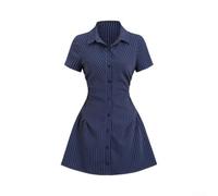 Robe d'été à manches courtes pour femme avec col en V et design plissé, robe chemise trapèze unie de style coréen pour les loisirs et les fêtes, coupe étroite (XS bleu marine)