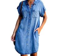 Robe d'été à manches courtes pour femme - Robe chemise en jean ample - Robe midi boutonnée - Robe tunique à manches courtes - Robe chemise en jean ample - Robe midi boutonnée, bleu clair, L