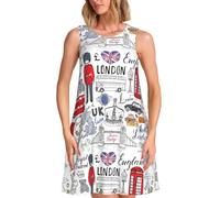 Robe d'été Ample à col Rond et sans Manches avec Poches pour Femme, imprimé « I Love London »
