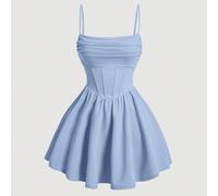 Robe d'été blanche plissée unie, décontractée pour dames, élégante dos nu, plissée, zip, bretelles fines, ajustement régulier, robe courte unie bleu clair d'été pour femmes, printemps/été, porter au q