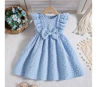 Robe d'été bleue claire douce pour bébé fille avec décorations de nœud papillon et volants à l'ourlet 6-9M,9-12M,12-18M,18-24M,2-3YTout ImpriméPolyester