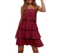 Robe d'été bohème à bretelles spaghetti pour femme - Printemps 2024 - Robe de bal de fin d'année, décontractée - Robe de plage à volants en coton pour femme, bordeaux, L
