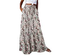 Robe d'été bohème pour femme - Taille haute élastique - Ourlet froncé à volants - Maxi jupe bohème - Blanc à fleurs - Polyester, Élasthanne - L (Maxi Length, No Waist Measurement)