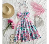 Robe d'été bohème style vacances femme, coupe A, avec éléments marins imprimés en vert menthe, découpe à la taille, anneau devant, déco nœud papillon, pour plage et festivals L,M,S,XL,XS,XXL,XXS,XXXL,