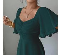 Robe d'été de style français pour vacances avec design de manches à volants en mousseline de soie jaune beurre unicolore L,M,S,XLUnicoloreTissu tissé