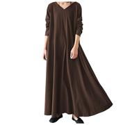 Robe d'été décontractée à coupe ample pour femme - Couleur unie - Col en V - Manches longues - Confortable - En coton et lin - Vêtement de détente, marron, XL
