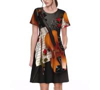 Robe d'été décontractée à manches courtes et col rond pour femme avec partition de violon, Noir , XL