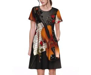 Robe d'été décontractée à manches courtes et col rond pour femme avec partition de violon, Noir , XL