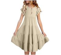 Robe d'été décontractée à volants avec poches pour filles de 6 à 14 ans en mélange de coton mélangé dégradé, 01#kaki, 10-11 ans