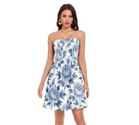 Robe d'été décontractée avec ourlet oscillant, motif imprimé complet, évacuation de l'humidité, tissu modal doux comme du tissu, robe de rendez-vous décontractée, taille S, Pivoine bleue., L