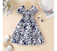 Robe d'été décontractée de style européen et américain pour jeune fille, bleu marine avec imprimé de feuilles et manches courtes, convient pour les vacances, robe de princesse légère 6Y,7Y,8Y,9Y,4Y,5Y