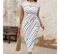 Robe d'été décontractée de vacances avec ceinture à la taille pour femmes de grandes tailles, design blocs de couleurs et à rayures 0XL,1XL,2XL,3XL,4XLRayéÉtoffe