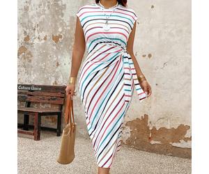 Robe d'été décontractée de vacances avec ceinture à la taille pour femmes de grandes tailles, design blocs de couleurs et à rayures 0XL,1XL,2XL,3XL,4XLRayéÉtoffe