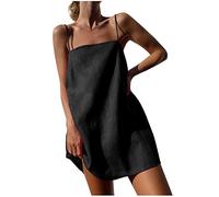 Robe d'été décontractée en coton et lin à bretelles spaghetti pour femme - Col carré - Pour petites femmes - Vacances au Royaume-Uni - Plage - Mini robe d'été courte - Mes commandes - Commande 2025