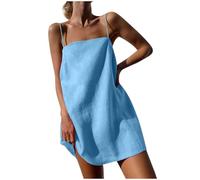 Robe d'été décontractée en coton et lin à bretelles spaghetti pour femme - Col carré - Pour petites femmes - Vacances au Royaume-Uni - Plage - Mini robe d'été courte - Mes commandes - Commande 2025