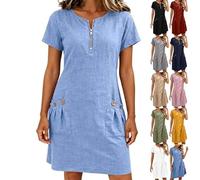 Robe d'été décontractée en coton et lin avec poche à fermeture éclair pour femme, col rond, manches courtes, coupe trapèze, au-dessus du genou, bleu, XXL