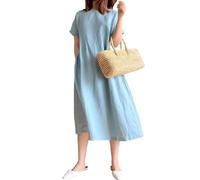 Robe d'été décontractée en lin et coton de style japonais pour femme - Grande taille - Col rond - Manches longues - Robe d'été décontractée avec poches - Pull ample - Robe midi basique, bleu clair,