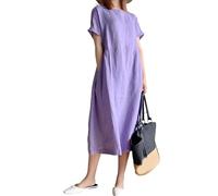 Robe d'été décontractée en lin et coton de style japonais pour femme - Grande taille - Col rond - Manches longues - Robe d'été décontractée avec poches - Pull ample - Robe midi basique, violet, M