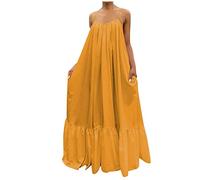 Robe d'été décontractée pour femme - Légère - Couleur unie - Bretelles spaghetti - Coupe ample - Tendance - Élégante - Grande taille - Robe d'été bohème longue, Jaune 1, S